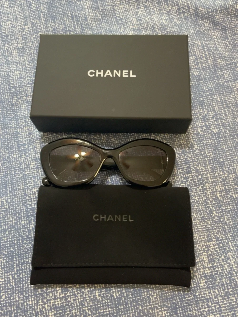 Authentic CHANEL 71668A Crystal Logo Cat Eye Sunglasses Black Gold